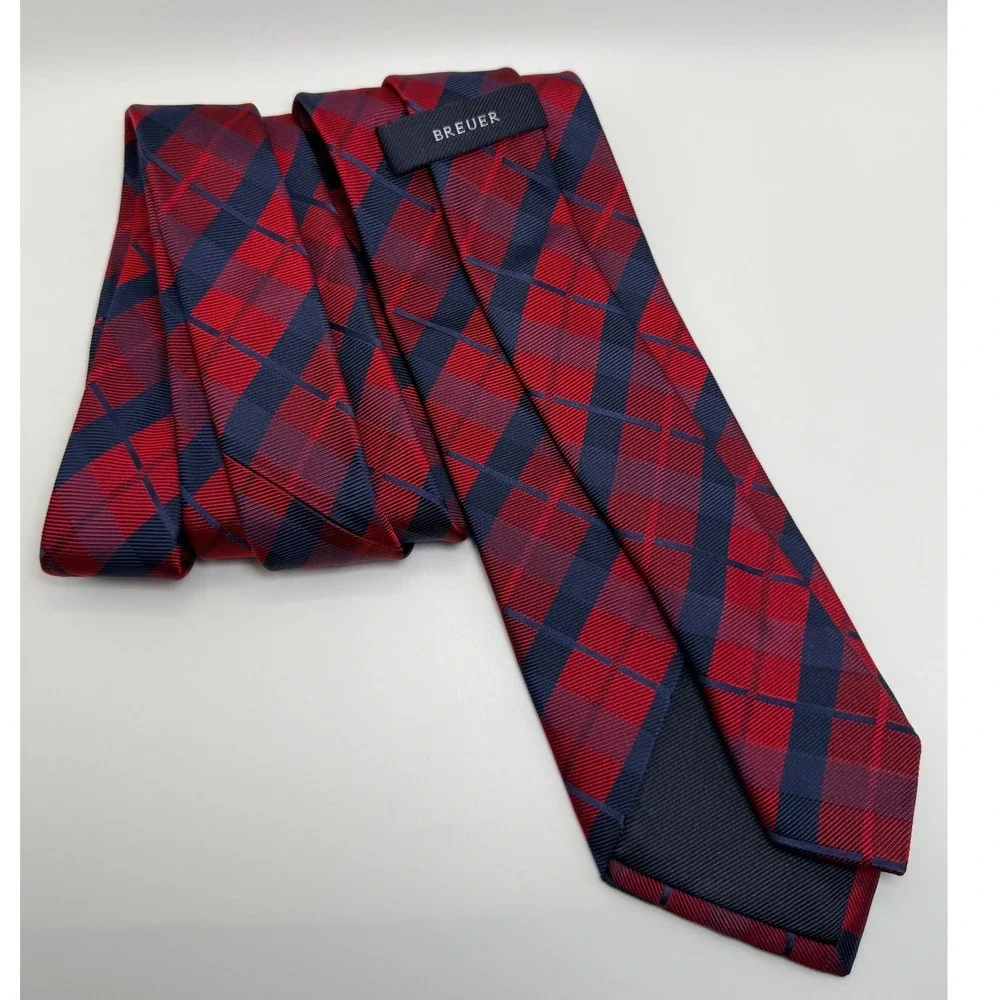 Breuer Plaid Silk Necktie One Size Red Navy Blue Preppy Classic Professional